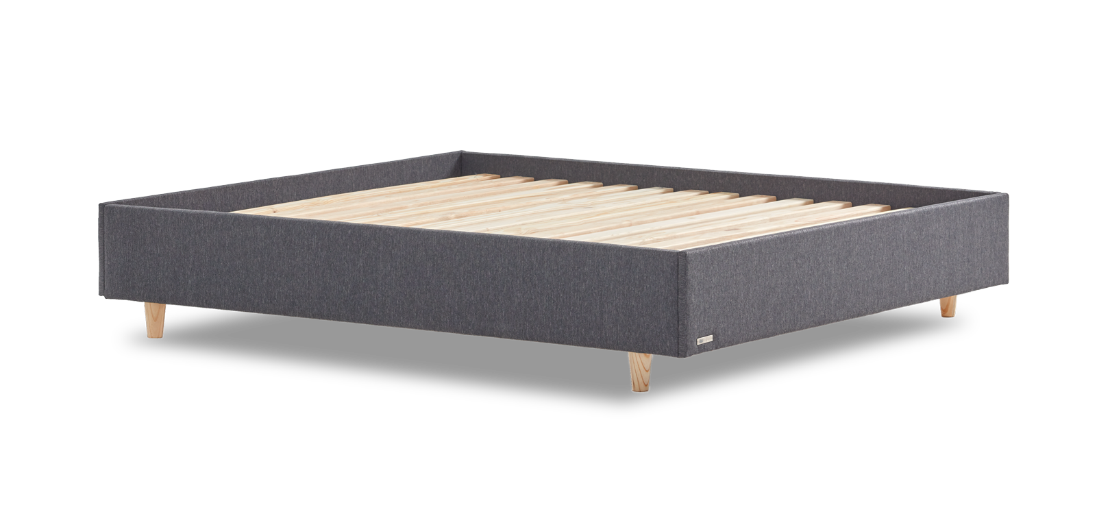 Upholstered bed frame with wooden slats and legs.