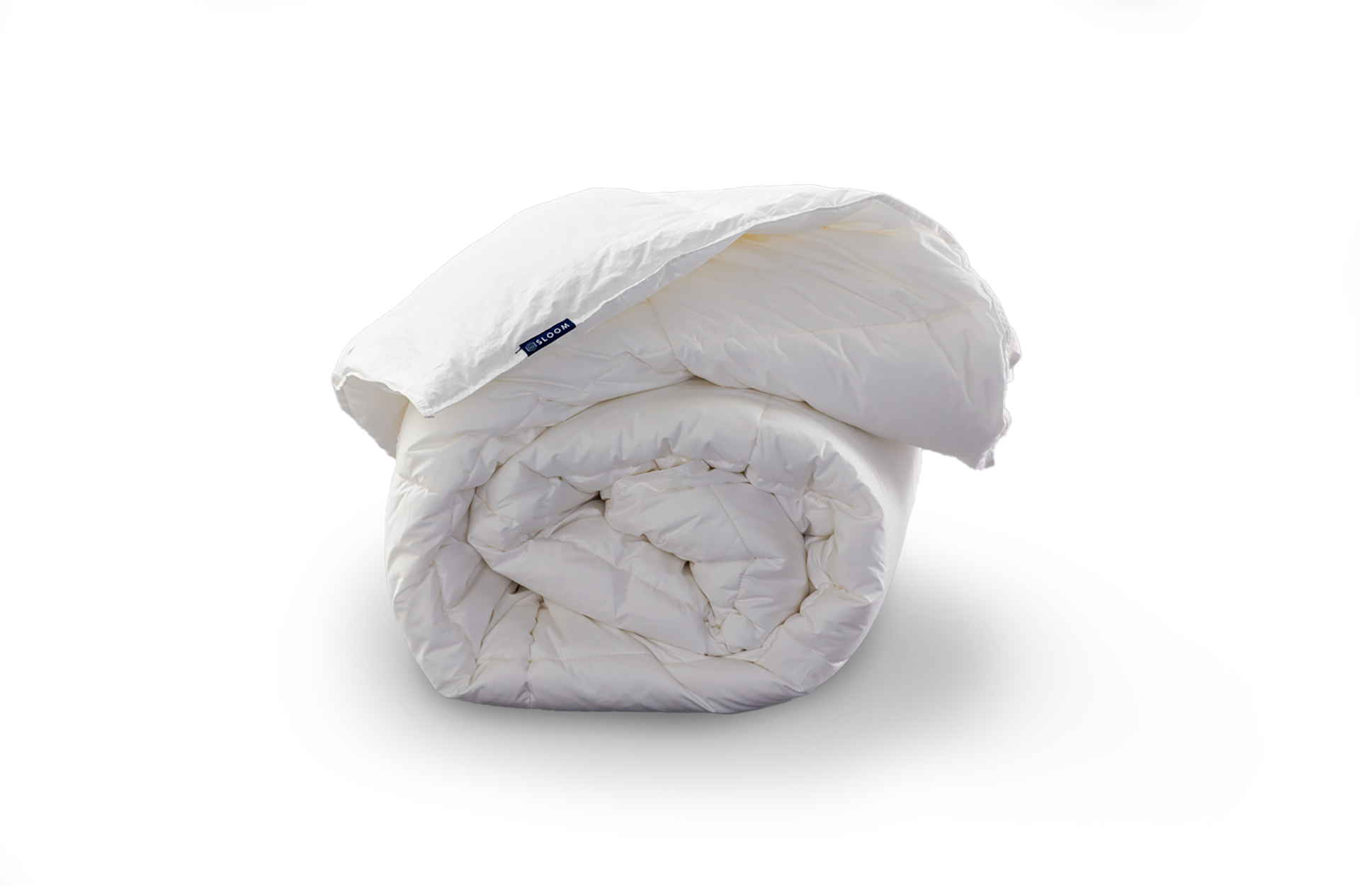 Rolled up white duvet inner with a blue branded tag
