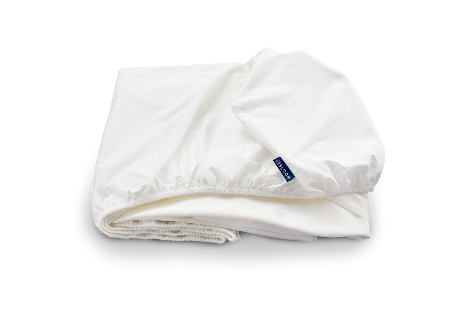 Folded white fitted sheet with a blue branded tag