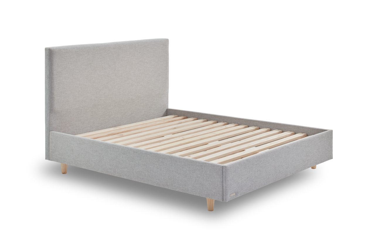 Upholstered bed frame with headboard and wooden slats.