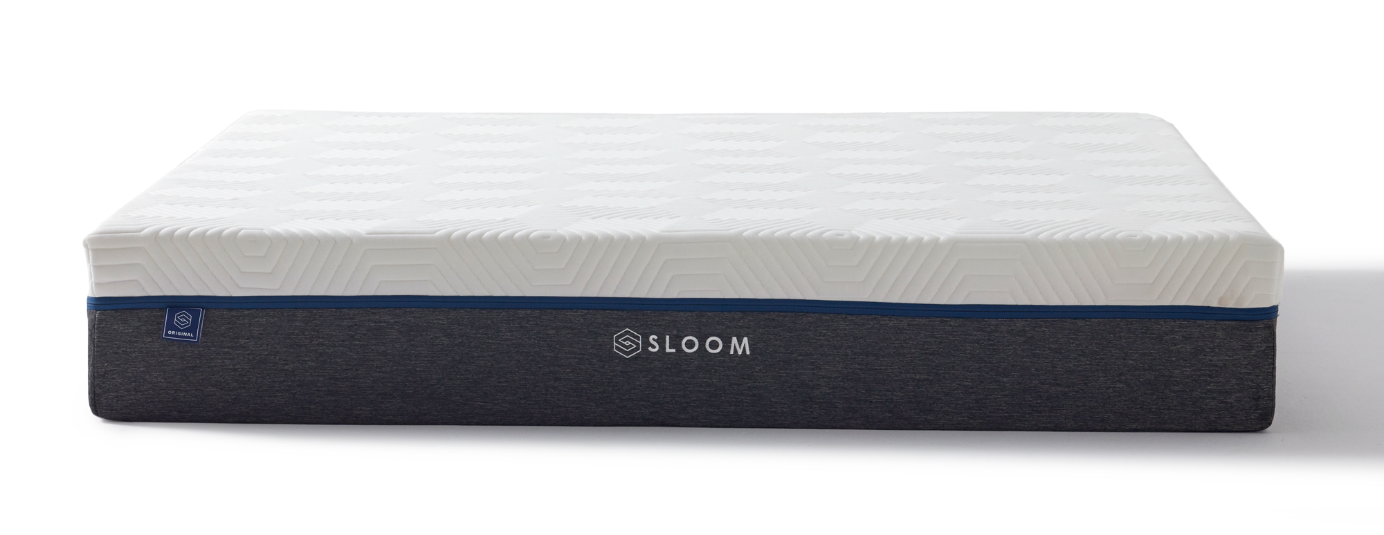 SLOOM white mattress with a textured top cover and dark grey upholstered base